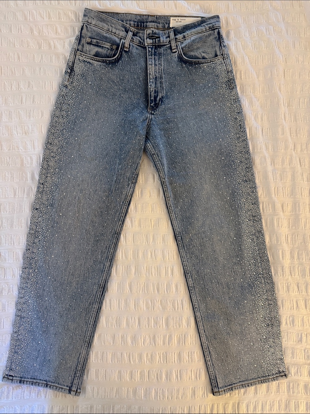 rag & bone Harlow Mid-Rise Ankle Straight Jeans with Rhinestone Detail